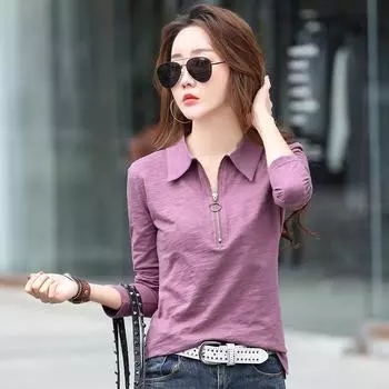 Бамбуковый хлопок, длинный рукав, воротник-поло, простая верхняя одежда, футболка, женская нижняя рубашка, весна-лето, новинка, утягивающая, однотонная S чёрный