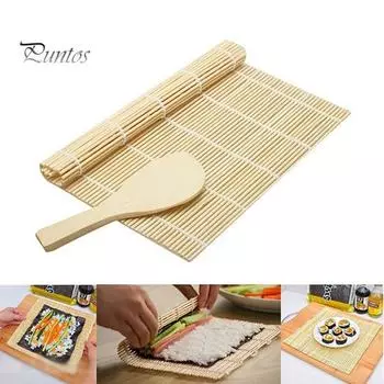 Бамбуковый коврик для суши с ложкой для риса, натуральный коврик для суши, безопасные для пищевых продуктов принадлежности для приготовления суши, формовки и формовки суши-роллов 1 Set