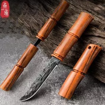 Бамбуковый нож из нержавеющей стали, домашний нож для очистки овощей, портативный прямой нож, ручной нож для мяса, дамасская полоса, уличный нож, край