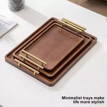 Бамбуковый поднос для чашки чая с металлической ручкой в деревенском китайском стиле, большая вместимость, прямоугольная деревянная подставка для сервировки фруктов, стеллаж для хранения кухонных принадлежностей M
