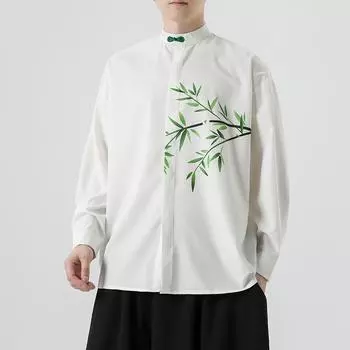 Бамбуковый принт Новые рубашки в национальном стиле 2025 года, осенняя свадебная шелковая рубашка на пуговицах, мужской костюм в китайском стиле Тан большого размера XL белый