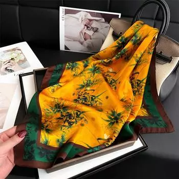 Бамбуковый шелковый шарф в национальном стиле, имитация шелкового маленького квадратного шарфа 70 см, женский шарф для защиты шеи, декоративная шаль с узором в виде листьев 70 * 70Cm (1-3cm error)