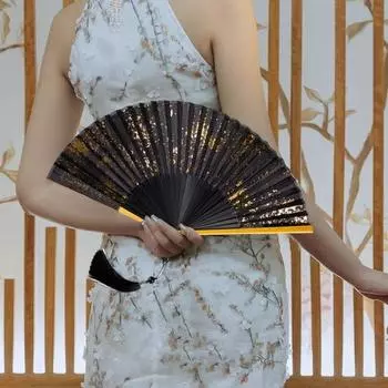 Бамбуковый складной веер с кисточками, полые ребра, портативный летний ручной веер, украшение для танцевального выступления, реквизит, аксессуары для костюмов для вечеринок золотистый