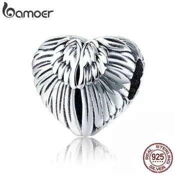 BAMOER 100% стерлинговое серебро 925 пробы Крылья ангела в форме сердца очаровательные бусины подходят для женщин браслеты SCC780