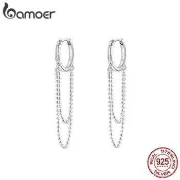 BAMOER, 100% стерлинговое серебро 925 пробы, жемчужная цепочка, пряжка для ушей, простые геометрические серьги для девочек, вечерние украшения