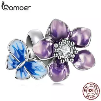 BAMOER 100% стерлингового серебра 925 пробы, подвеска с бабочкой и цветком, с цирконовым покрытием, платина, подходит для браслета, серебряный браслет, изготовление ювелирных изделий 925 silver