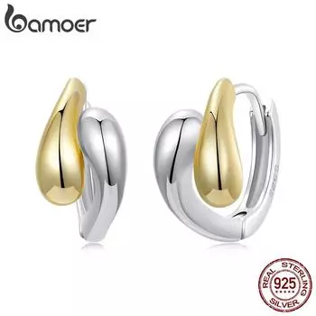 BAMOER 18K Gold Двухцветные серьги-кольца из стерлингового серебра 925 пробы с каплями воды для женщин Массивные модные серьги с витыми звеньями Ювелирный подарок 1.3*0.7cm серебряный/золотой