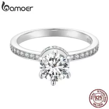 BAMOER 1,0 карат круглое обручальное кольцо с муассанитом D Цвет VVS1 EX из стерлингового серебра 925 пробы для женщин ювелирные изделия для помолвки 6