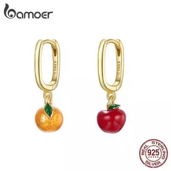 BAMOER 1 шт., серьги из стерлингового серебра 925 пробы с фруктами, одиночные серьги для женщин, эмалированные оранжевые и яблочные серьги orange