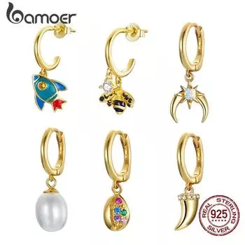BAMOER 1 шт. Стерлингового Серебра 925 пробы Золотой Загадочный Испания Ракета Сердце Замок Пчела Серьги Блестящие Красочные Циркон Изящные Ювелирные Изделия