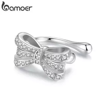 BAMOER 1PC Bowknot Ear Cuff White Gold Plated Clip Ears for Women Wedding Party Daily Jewelry Gifts 0.8*1.5cm серебряный