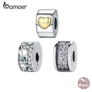 Bamoer 8 стилей Аутентичные стерлингового серебра 925 пробы Зажим-зажим в виде сердца и звезды Шарм CZ Бусины подходят для браслета D