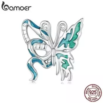 BAMOER 925 пробы из стерлингового серебра с подвесками в виде животных, бусины в виде змеи и бабочки, эмалированные подвески, совместимые с женским браслетом BSC957