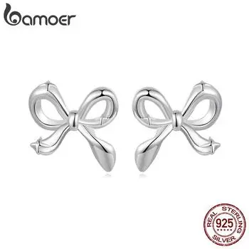 BAMOER 925 пробы серьги-гвоздики в виде банта из стерлингового серебра для женщин, украшения на день рождения, простые застежки-банты для ушей, подарок на вечеринку для студенток 0.8*0.9cm серебряный