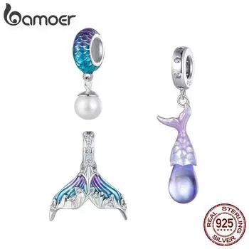 BAMOER 925 пробы серебро хвост русалки подвеска в виде капли воды подвески рыбья чешуя бусины для женщин браслет и ожерелье DIY B