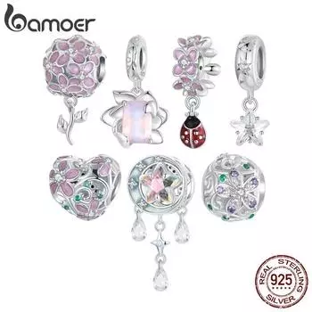 Bamoer 925 пробы серебро ослепительный циркон розовый цветок подвески божья коровка бусины для женщин браслет и ожерелье DIY ювелирные изделия BSC984