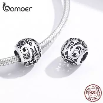BAMOER 925 пробы Серебряные буквы ретро Подвески ажурный алфавит круглые бусины подходят оригинальный браслет