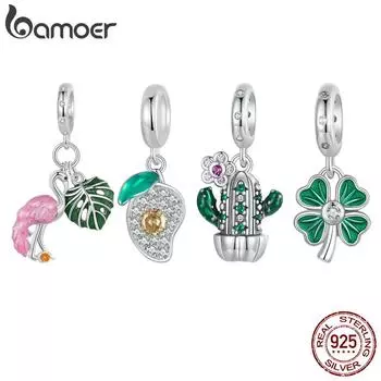 BAMOER 925 пробы стерлингового серебра бусины с четырьмя листочками клевера с зеленой эмалью подходят для европейских браслетов своими руками манго/кактус/фламинго SCC2832