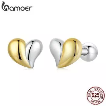BAMOER 925 пробы стерлингового серебра двухцветные мини-серьги-гвоздики в форме сердца простые универсальные серьги с покрытием золотом для женщин ювелирные украшения подарок 5*6mm серебряный/золотистый