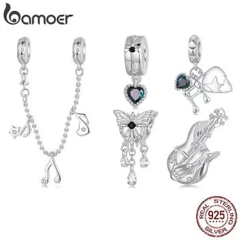 BAMOER 925 пробы стерлингового серебра крест бабочка и бас рок музыка шарм темные элементы шармы подходят DIY браслет для женщин ювелирные изделия 19*8mm серебряный