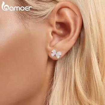 BAMOER 925 пробы стерлингового серебра милые серьги-гвоздики в форме банта для женщин мама дочка повседневная одежда гвоздики для вечеринок элегантные простые ювелирные изделия подарок 0.8*1.1cm серебряный