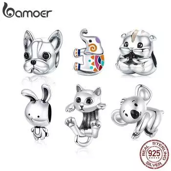 BAMOER 925 пробы стерлингового серебра мультяшные бусины с изображением собаки и кошки подходят для оригинального браслета и подвески для домашних животных своими руками для изготовления подарков ювелирные украшения 1.3*0.7cm серебряный