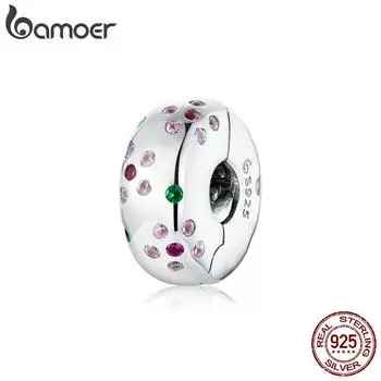 BAMOER 925 Stelring Silver Pink CZ цветок клип Подвеска подходит оригинальный браслет для женщин ювелирные изделия 925 silver