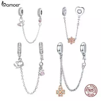 BAMOER 925 Stelring Silver Защитная цепочка Kitty Cat Четырехлистный клевер Подвеска подходит для оригинального браслета Ювелирные изделия D