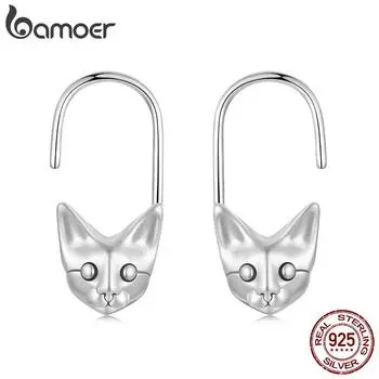 Bamoer 925 стерлингового серебра милые серьги-скрепки в виде кошки для женщин домашнее животное подвески серьги-подвески девушка подарок на день рождения 2.1*0.4cm серебряный