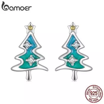 BAMOER 925 стерлингового серебра Рождественская елка серьги-гвоздики Милые серьги для женщин Эмаль Процесс кубический цирконий Изящные ювелирные изделия Подарок 1.3*0.8cm серебряный