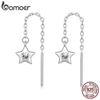 BAMOER 925 стерлингового серебра снежинка капли висячие серьги для женщин подростков элегантные длинные висячие серьги кисточка продеватель 4.0*0.6cm серебряный