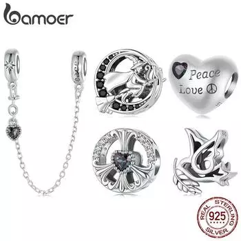BAMOER 925 стерлингового серебра талисман мира антивоенный талисман мира и любви силиконовая цепочка безопасности подходит оригинальный браслет ожерелье DIY подарок 1.2cm серебряный