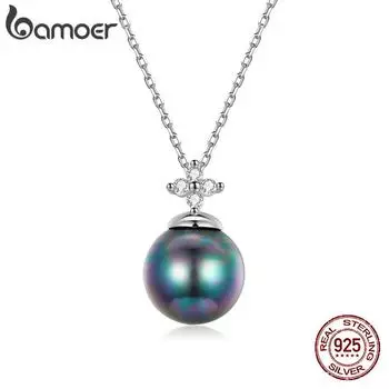 BAMOER, элегантное ожерелье из стерлингового серебра 925 пробы с черным жемчугом, подвеска в форме ракушки, жемчужное циркониевое ожерелье для женщин, ювелирные изделия 925 silver