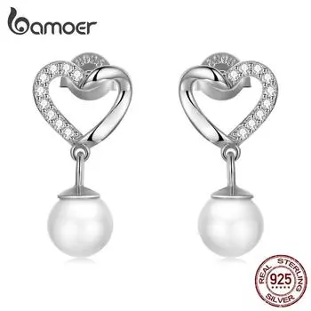 BAMOER, элегантные серьги-подвески из стерлингового серебра 925 пробы с жемчугом и ракушкой для женщин, ювелирные изделия с блестящим цирконом, свадебный подарок 925 silver