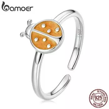 BAMOER Аутентичное кольцо из стерлингового серебра 925 пробы оранжевого цвета с божьей коровкой, платиновое кольцо открытого размера с покрытием для девочек, ювелирные украшения, подарок на вечеринку 925 silver