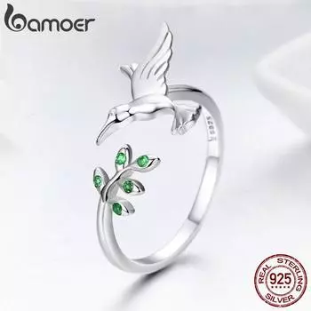 BAMOER Аутентичное кольцо из стерлингового серебра 925 пробы с колибри и листьями для женщин, ювелирные изделия в подарок SCR323