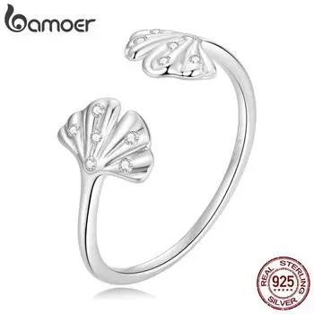 BAMOER Аутентичное кольцо из стерлингового серебра 925 пробы с листом гинкго, открывающееся кольцо для женщин, ювелирные изделия, обещанная группа, подарок, пляжная вечеринка, подарок