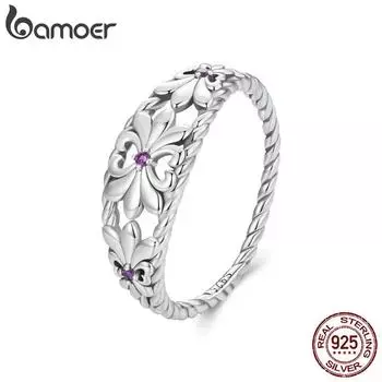 BAMOER Аутентичное кольцо из стерлингового серебра 925 пробы в стиле ретро с ирисом и цветочным узором, витой браслет для женщин, вечерние винтажные украшения 6