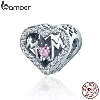 BAMOER Аутентичные 100% стерлингового серебра 925 пробы сердце мама буква прозрачный CZ подвеска подходит для браслета-подвески «сделай сам» SCC395