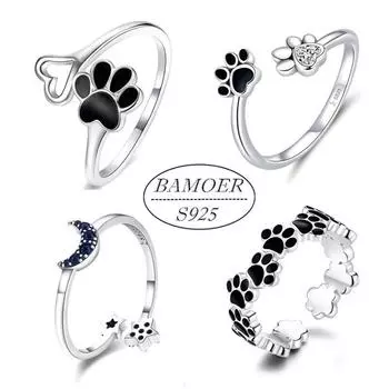 BAMOER Аутентичные кольца из стерлингового серебра 925 пробы с собачьей лапой в форме сердца и звезды и луны, регулируемые кольца на палец для женщин A