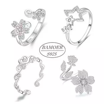 BAMOER Аутентичные кольца из стерлингового серебра 925 пробы со светящимися звездами и весенними цветами, регулируемые кольца на палец, ювелирные изделия C