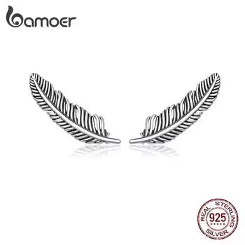 Bamoer Аутентичные серьги-гвоздики из стерлингового серебра 925 пробы в стиле ретро с перьями для женщин, серьги-гвоздики из настоящего серебра 925 silver