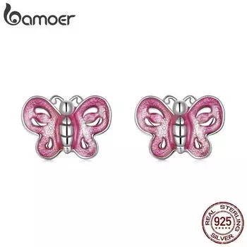 BAMOER Аутентичные серьги-гвоздики из стерлингового серебра 925 пробы с розовыми бабочками и платиновым покрытием, серьги-гвоздики для пирсинга для женщин, ювелирные изделия в подарок 925 silver