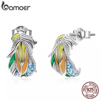 BAMOER Аутентичные серьги-гвоздики из стерлингового серебра 925 пробы с перьями, уникальные модные украшения для женщин 925 silver