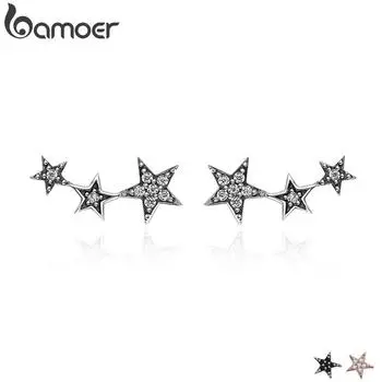 BAMOER Аутентичные серьги-гвоздики из стерлингового серебра 925 пробы, блестящие три цвета с фианитом, изысканные серьги-гвоздики со звездами для женщин, эффектные ювелирные изделия