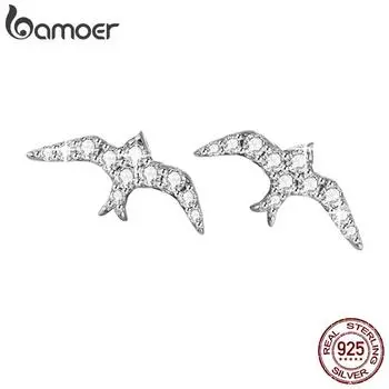 BAMOER Аутентичные серьги-гвоздики из стерлингового серебра 925 пробы, мини-серьги-гвоздики в форме ласточки для женщин, платиновые серьги-гвоздики с блестящим камнем, ювелирные изделия 925 silver