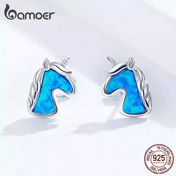 BAMOER Аутентичные серьги из стерлингового серебра 925 пробы, 2 цвета, полупрозрачный опал, необычные серьги в виде пони, оригинальный брендовый дизайн розового золота
