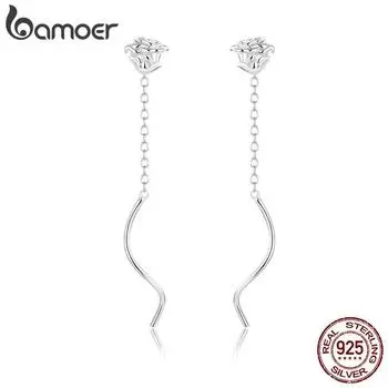 Bamoer Аутентичные серьги из стерлингового серебра 925 пробы с 3D цветком розы, длинная цепочка, висячие серьги для женщин, кулон-цепочка, серьги с кисточками