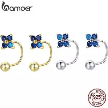 BAMOER Аутентичные серьги-кольца Lucky Blue с кристаллами, четыре листа клевера, серьги-кольца для женщин, обручальные украшения A