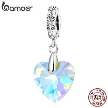 BAMOER Аутентичные стерлингового серебра 925 пробы блестящее стекло подвеска в форме сердца подходит для самостоятельного изготовления браслетов и браслетов ювелирных изделий 925 silver
